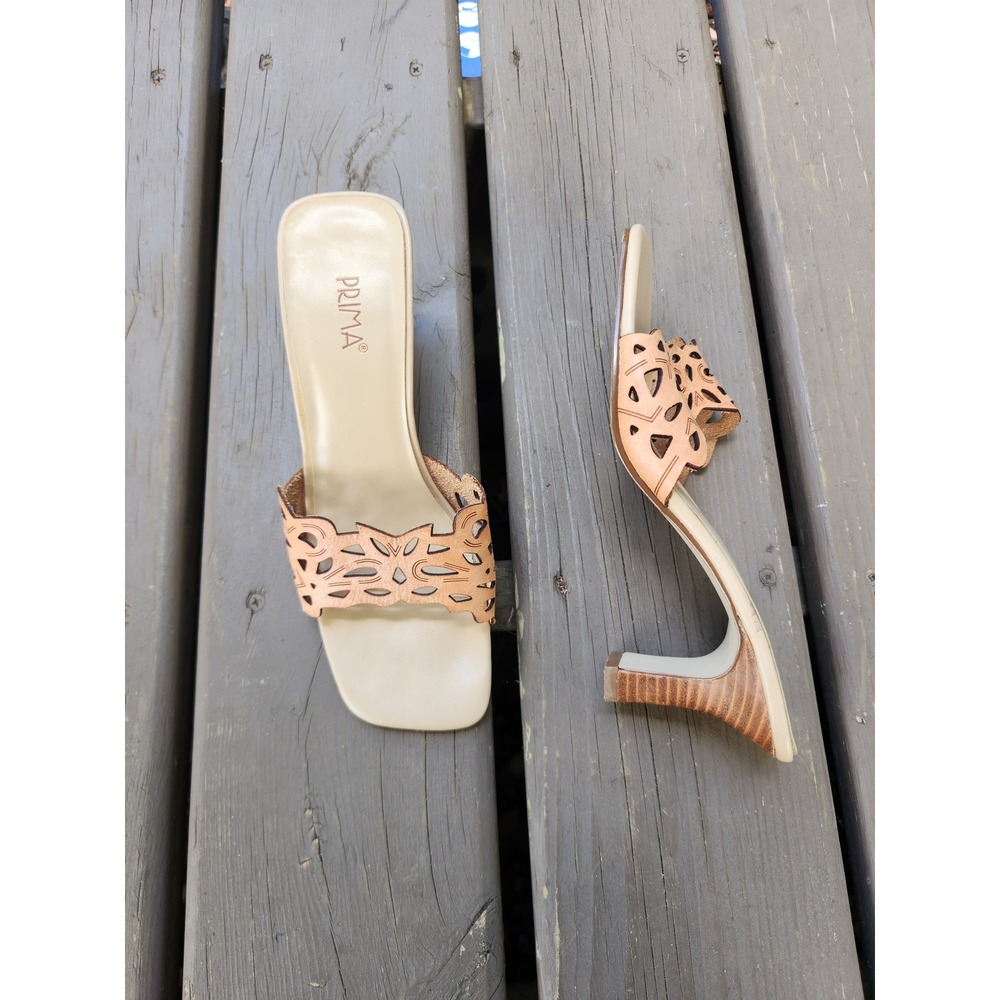Vintage 90s Prima Slide Sandals Tan Leather Laser Cut Square Toe Kitten Heel 7.5